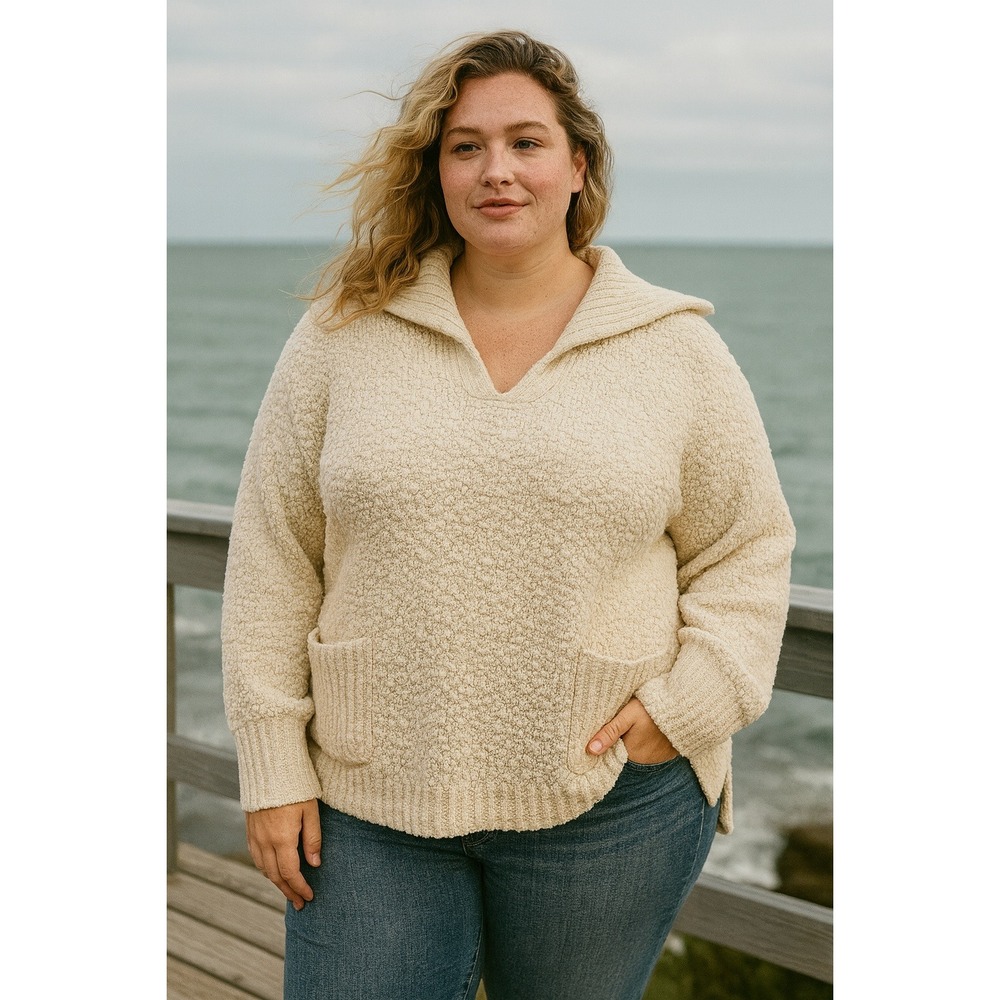 J Jill Chunky Warm CozyWinter Ivory Texture Popcorn Knit ShawlCollar 2X Sweater
